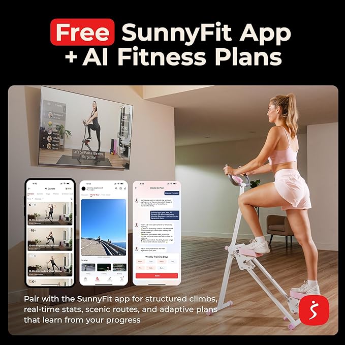Sunny Health & Fitness Smart Foldable Cardio Stair Stepper, Vertical Climber with Extended Step Range, SunnyFit App Connection – Pink / White / Gray