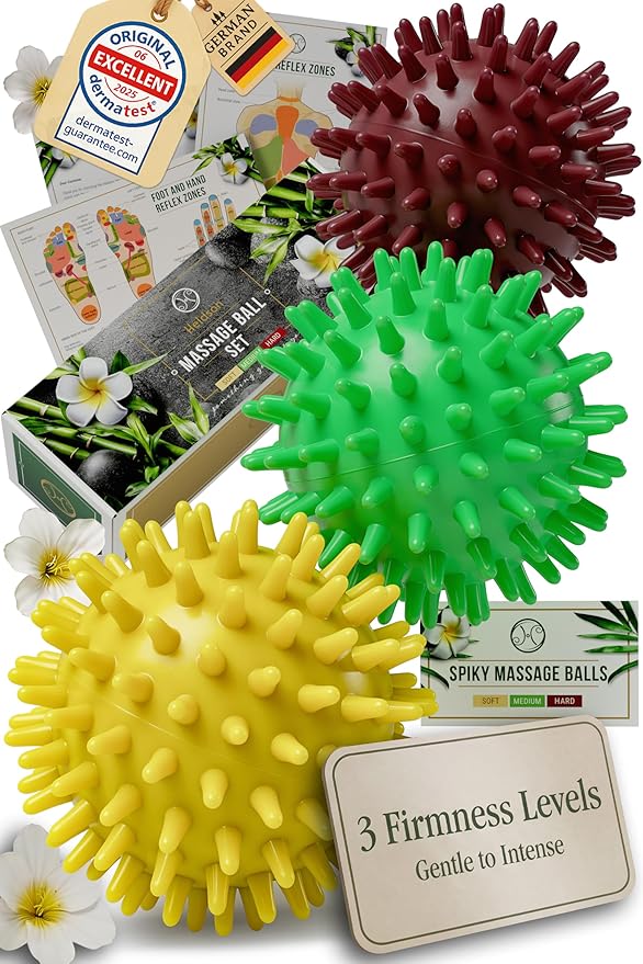 HELDSON® 3 Spiky Massage Balls Set [Soft, Medium, Firm] - Foot Roller Massager Spikes - Spike Trigger Point Ball for Back Pain Relief & Feet - Plantar Fasciitis Deep Tissue Therapy - Spikey Pressure