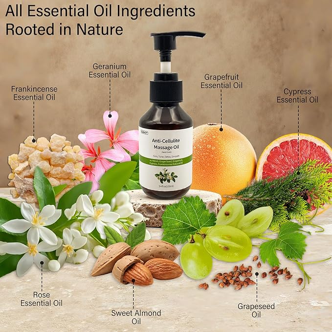 3.4 fl oz Anti-Cellulite Massage Oil with 7 Pure Natural Essential Oils for Body Massage Therapy, SPA, Tightening Skin and Reducing Stretch Marks(Neroli Scent)