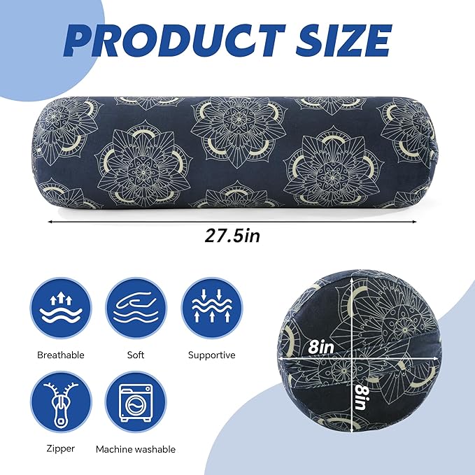 MABOZOO Round Yoga Pillow, Cylindrical Yoga Bolster Pillow with Washable Cover, Meditation Cushion Body Cushion for Practice, Restorative, Meditation