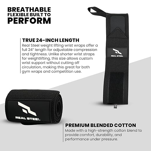 Real Steel Premium Wrist Wraps for Weightlifting for Men & Women - 24" Gym Wrist Wraps with Thumb Loop | Weight lifting accessories for Gym, Pain Relief Support and Training | Support Braces |1 Pair