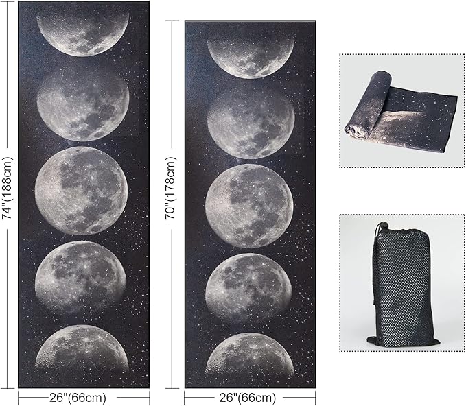 QiyI Yoga Mat Towel with Corner Pockets, Non Slip Sweat Absorbent Hot Yoga Towels, Soft Yoga Blankets with Travel Bag, Skidless Mat Cover for Workout, Gym, Fitness - 74"x26", Moon Cycle