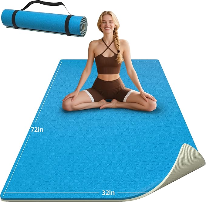 HAHE Yoga Mat Thick, 72"x32"x0.4"Th (10mm), Wide Non-Slip Exercise Mat with Carry Strap, Double-Sided POE Fitness Mat for Yoga, Pilates & Floor Workouts
