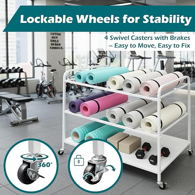 Yoga Mat Rack Storage Basket with Wheels,All-in-One Organizer for Yoga Mat Holder,Home Gym Equipment Storage Cart for Dumbbells, Kettlebells and Foam Rollers