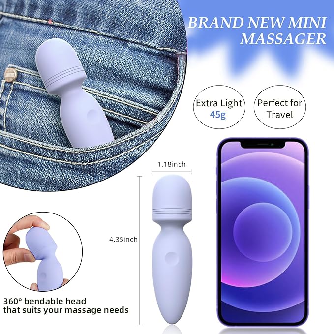 Mini Massager Tools,Small Waterproof Cordless Handheld Massager with 10 Vibration Modes, Personal Handheld Massager for Back（Gray Purple）