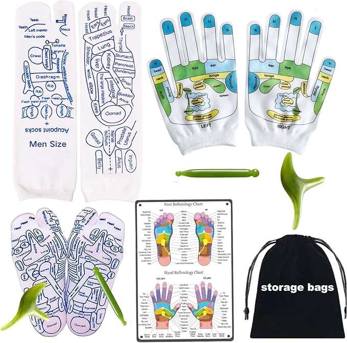 Reflexology Socks with Gloves Tools Set, Foot Massager Socks with 2pc Massage Tool, Reflexology Socks with Trigger Point Massage Tool, Socks Suitable for Men