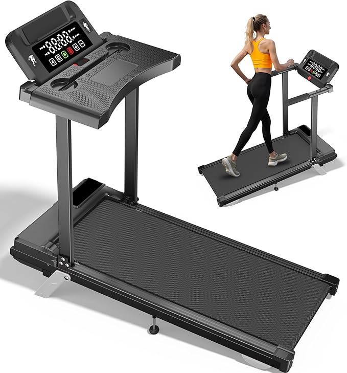 12% Incline Treadmill with Desk Workstation, 8.0MPH/3.5HP Portable Treadmill with Handle, 300LBS Weight Capacity Compact Walking Pads for Home, Small Spaces, Console with Big LED Display