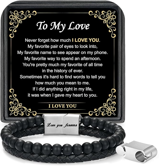 LUXEJEW Gifts for Men - Beaded Leather Bracelet 6mm Matte Agate Stone Bracelets for Men Dad Son Husband Boyfriend Grandpa Grandson Brother Uncle Nephew Adjustable Magnetic Clasp