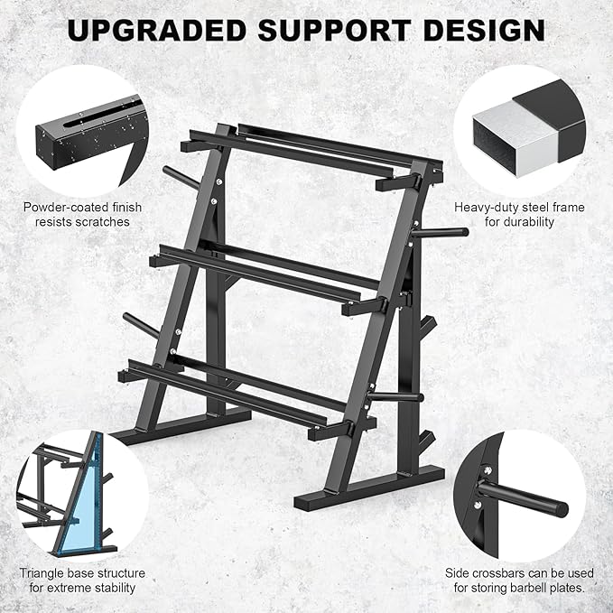 Adjustable Dumbbell Rack,3-Tier Dumbbell Rack with 1100 LBS Weight Capacity Accommodates Barbell Plates, Dumbbells and Kettlebells Space-Saving Weight Rack for Home Gym (Stand Only), Black