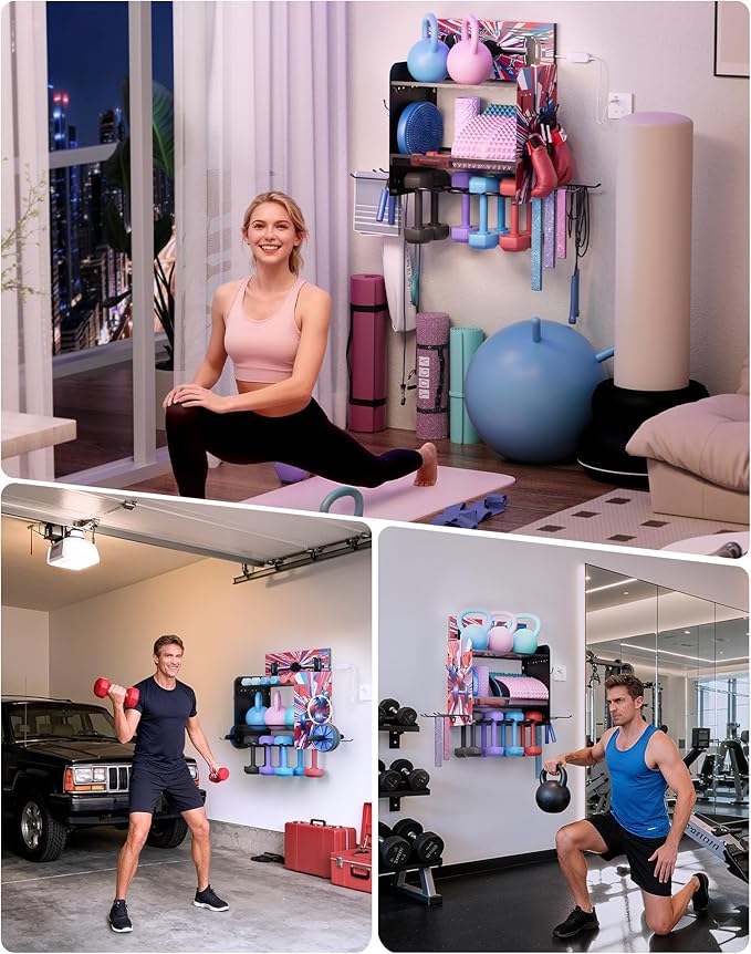 Dumbbell Rack with APP-Controlled LED Lights, Weight Rack for Home Gym Storage, Modern Perforated Wall-Mounted Organizer for Dumbbells, Weight Plates & Accessories, Space Saving