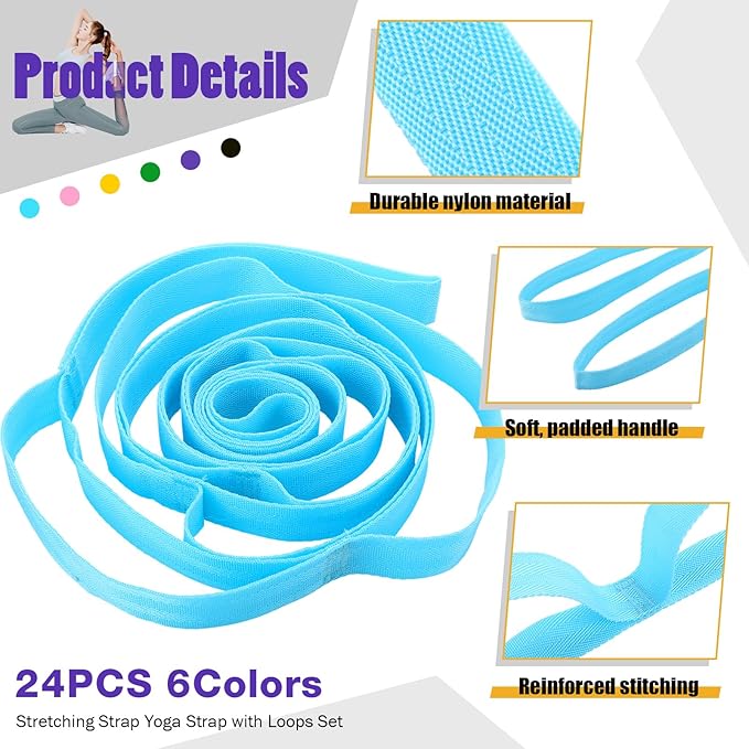 24 Pack Stretching Strap Yoga Strap with Loops Set 6 Colors, 75 Inch Adjustable Stretch Bands Bulk with Metal Buckle for Physical Therapy, Dance, Pilates & Workout Gymnastic Women Men Home