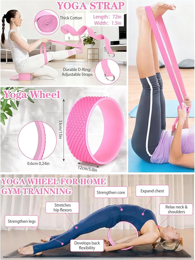 17 Pcs Yoga Essential Kit for Women, Pilates Equipment Starter Set for Beginners with Yoga Wheel Ball Blocks Strap Resistance Bands Wrist Rings Socks Towel & Carry Bag for Home Workouts