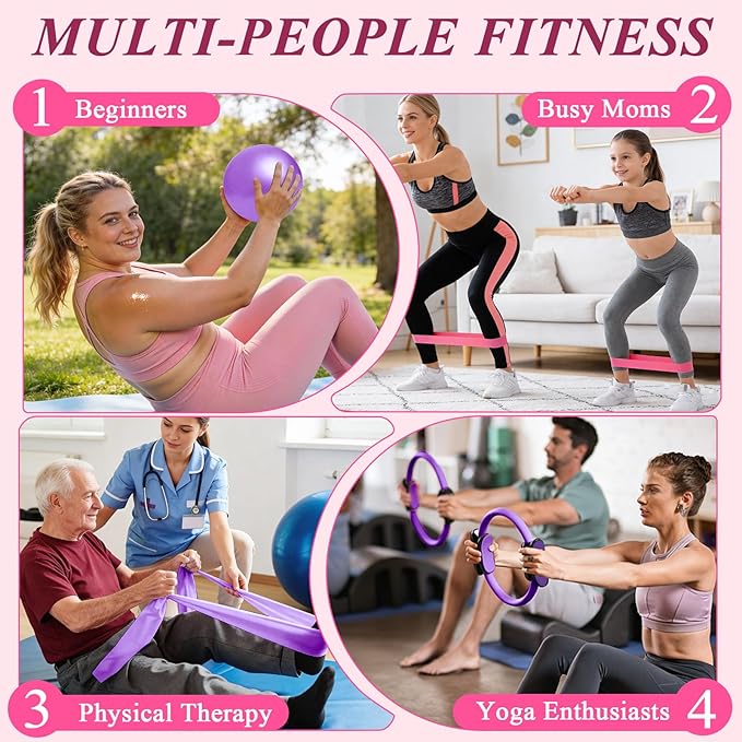 Pilates Ring and Small Ball Set for Women with 5 Resistance Bands, 14 inch Magic Circle Home Workout Essentials Starter Kit for Beginners, Yoga Sets for Full Body Toning Shape