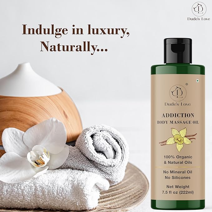 Addiction Body Massage Oil | Vanilla Scent | 100% Natural & Organic Oils | No Mineral Oil, No Silicones | Deep Nourishing Body Oil | 7.5 fl oz (222ml)