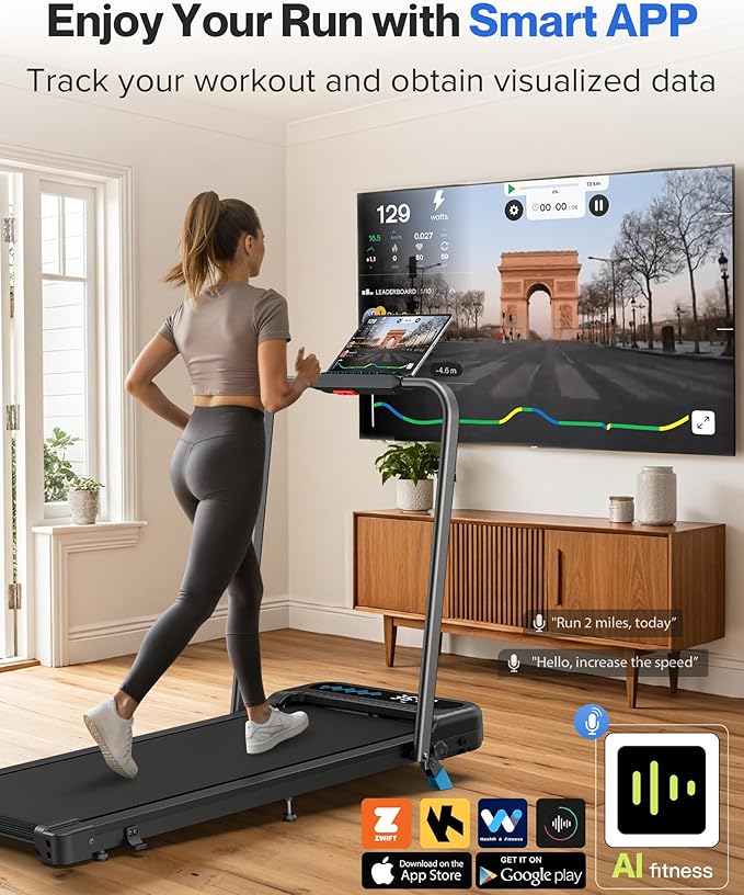 COZYINN Foldable Treadmill with Incline, 3.0HP Quiet Walking Pad with Handle Bar, 2 in 1 Portable Treadmills for Home Small Space, 320 Lbs Capacity Compact Under Desk Treadmill with Led Display & App