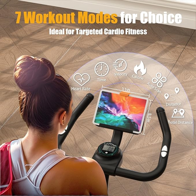 Exercise Bike with Exclusive Heart Rate Sensor and APP Sync, Stationary Bikes for Home with Continuously Variable Resistance, Compact Indoor Cycling Bike with Tablet Mount