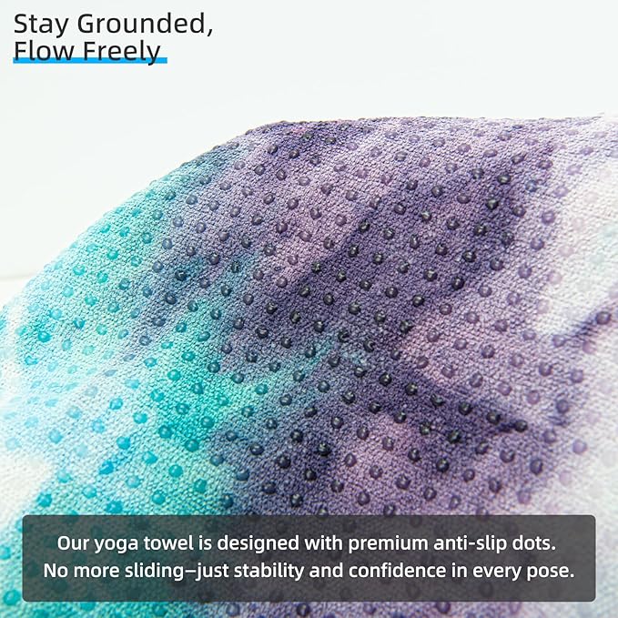 YESLIFE Non-Slip Extra Thick Hot Yoga Towel with One Sweat Towel, Microfiber Sweat Absorbent Yoga Mat Towel with Grip Dot, Pilates Mat, 72" x 24", Green&Purple