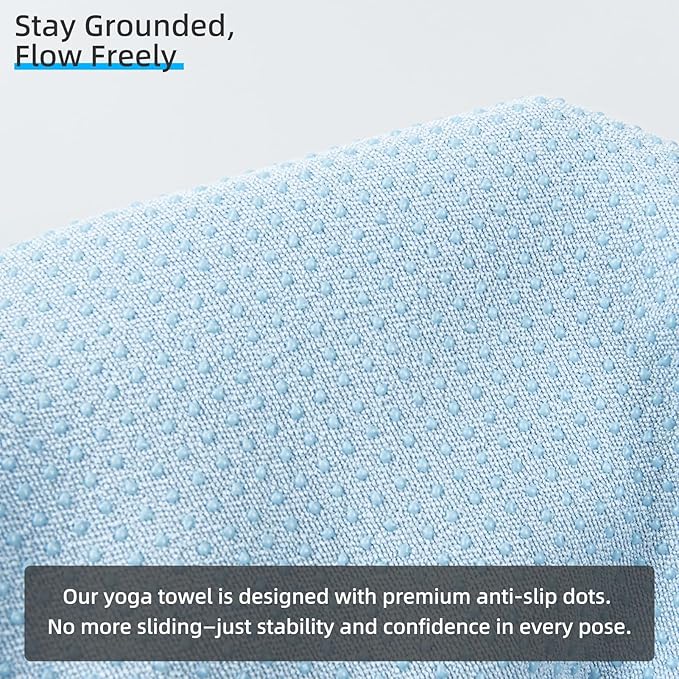 YESLIFE Non-Slip Extra Thick Hot Yoga Towel with One Sweat Towel, Microfiber Sweat Absorbent Yoga Mat Towel with Grip Dot, Pilates Mat, 72" x 24", Light Blue