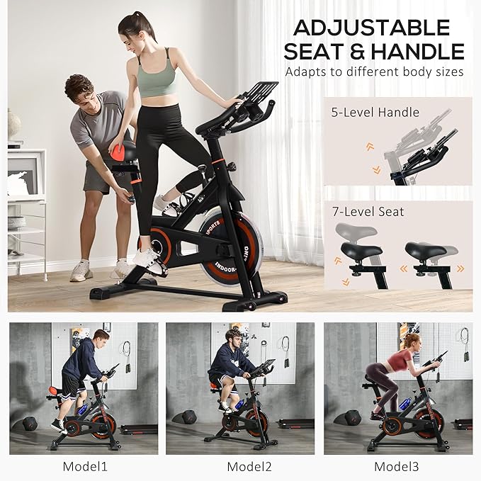 Soozier Exercise Bike, Flywheel Indoor Stationary Bike, Adjustable Height and Resistance, with LCD Monitor, Comfortable Seat Cushion, 264 lbs Capacity, Black and Red