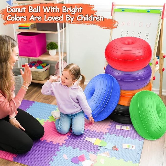 Lewtemi 6 Pcs Flexible Seating for Classroom Elementary 20 Inch Yoga Ball Chairs Large Inflatable Donut Exercise Ball Chair Stability Balance Trainer with Inflator for Kids Student