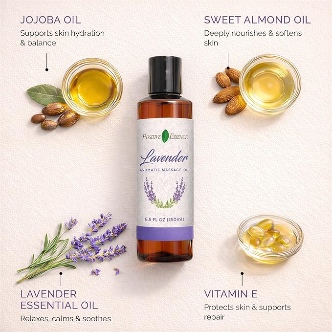 Lavender Massage Oil for Massage Therapy, Body Massage Lotion; Jojoba, Sweet Almond Oil for Skin, Vitamin E, and Pure Lavender Essential Oil, Body Oil Aceite para Masajes Relajantes