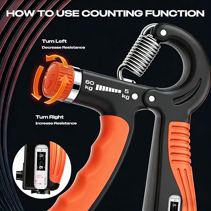 Grip Strength Trainer - Adjustable Resistance 11-132lbs/5-60kg Hand Gripper & Forearm Strengthener Device with Smart Counter for Sports & Rehab