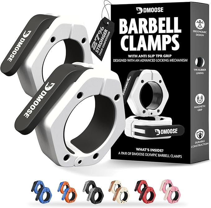 DMoose Fitness Barbell Clips 2 Inch (Pair) - Quick Release Olympic Barbell Clamps & Collars with Anti Slip TPR Grip for Secure Weightlifting and Powerlifting - Weight Clips for Bars at Home or Gym