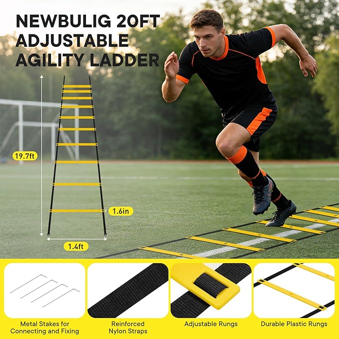NEWBULIG Agility Ladder Speed Training Equipment, Football Practice Set with 20ft Ladder, 12 Cones, 4 Adjustable Hurdles, Jump Rope, Resistance Parachute for Soccer, Basketball, Youth, Adults