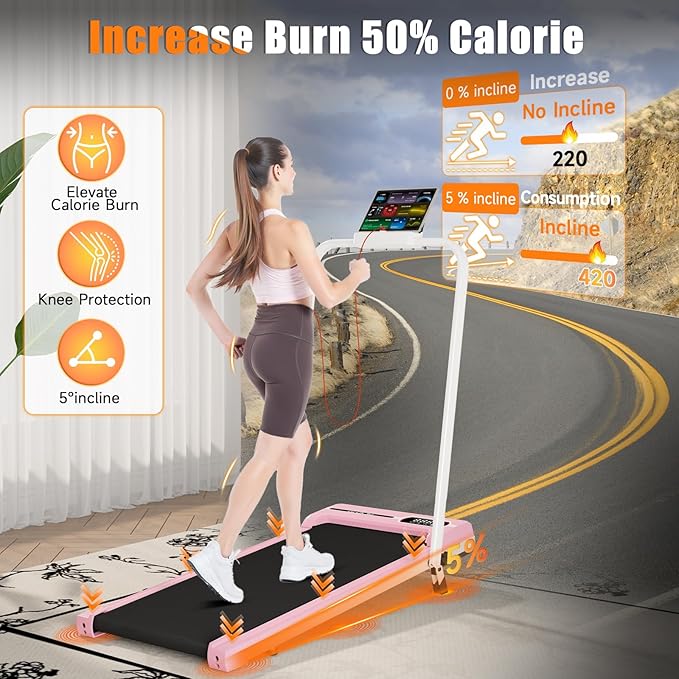 Incline Walking Pad with Handle Bar, Foldable Portable Under Desk Treadmill for Home Office, Ultra Quiet <45dB, Safety Lock, 300+ LB Capacity