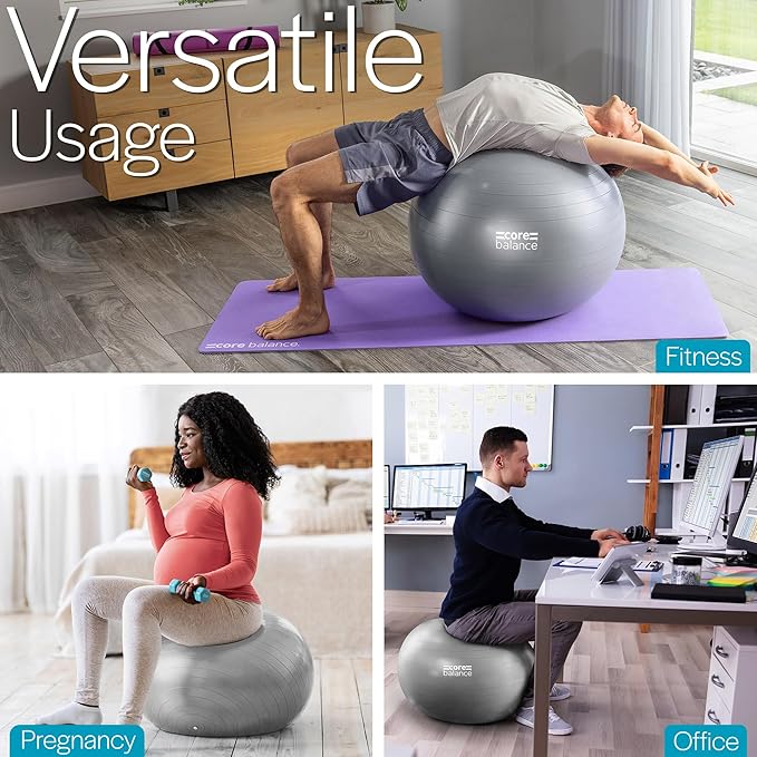 Core Balance Exercise Ball, Stability Ball for Yoga, Pilates and Fitness, Gym Ball for Home Gym and Office Chair, Training, Physical Therapy, Anti Burst, Pump Included, 55cm 65cm 75cm 85cm