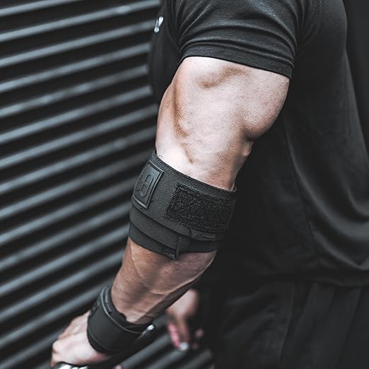 Elbow Wraps for Weightlifting - Heavy Duty Construction, 25% More Elasticity, Reinforced Stitching, Extra Wide Fastener, Easy to Adjust, All Black