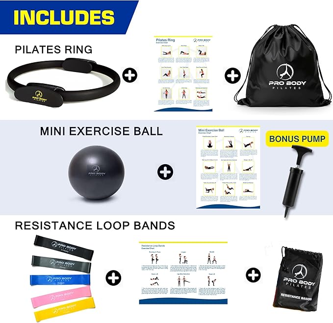 ProBody Pilates Ring Set with 14-Inch Magic Circle Ring, 9-Inch Exercise Ball, 5 Resistance Bands, Pump, Training Guides, & Storage Bag for Core Strength, Balance, Stability Training