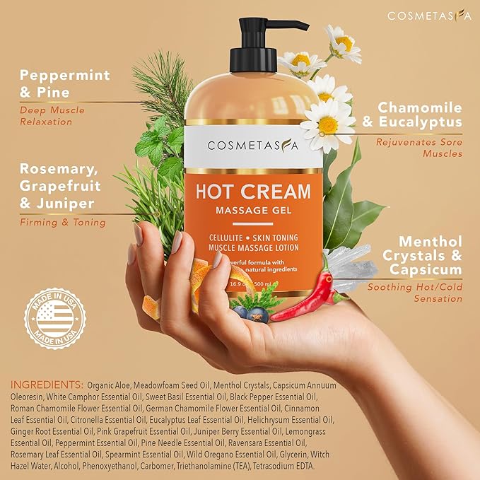 Cosmetasa Hot Cream Massage Gel with Massager Mitt- Natural and 87% Organic Cellulite Cream - Multi Use, Skin Toning for Joints and Muscle - 16.9 oz