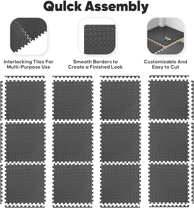 24 Pack Home Gym Mat, Puzzle Exercise Mat, EVA Interlocking Foam Floor Tiles for Home Workout Equipment and Kids' Play Areas - Black, 24 in x 24 in x ½ in - 24 Tiles (Black, 24 Pack, 96 SQ FT)