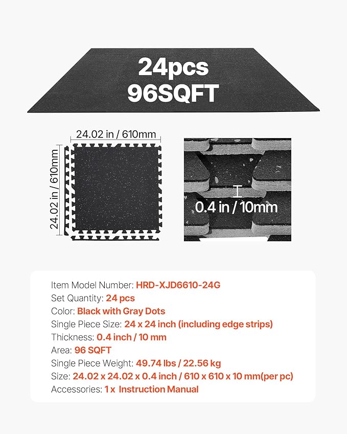 VEVOR 0.4Inch 96sq.ft 24 Tiles Gym Flooring for Home Gym, Rubber Top with High Density EVA Foam, 24 x 24In Gym Floor Exercise Equipment Mats, Interlocking Gym Mats, Puzzle Workout Mats, Black & Gray