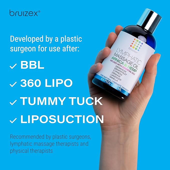 Bruizex Lymphatic Drainage Massage Oil with Arnica & Hemp Seed Oil for After Care Routine & Lymphatic Drainage Massager, Liposuction, 360 Lipo, BBL, Tummy Tuck Procedure, Calming Formula - 8.5 Oz