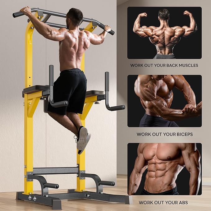 Pull Up Bar Station, 10-Level Height Adjustable Wall Mounted Home Gym, 330 lbs Capacity with Dip Bars & Push Up Handles, for Chin Up, Dips, Leg Raise (Black/Red/Yellow)