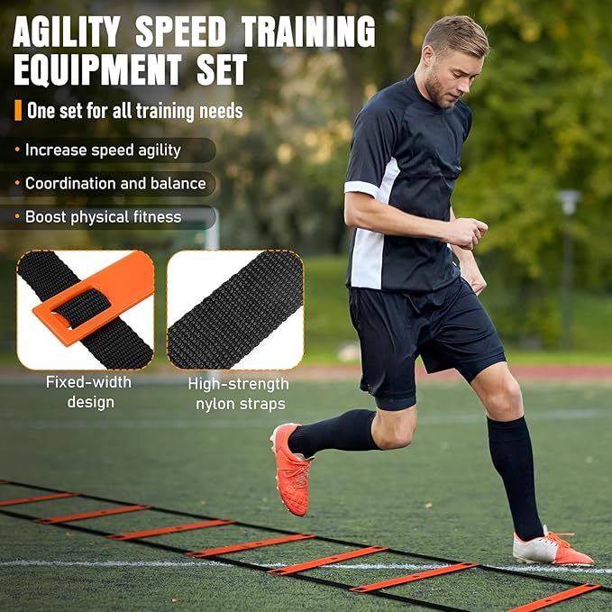 Agility Ladder, Agility Speed Training Equipment Set, 20ft Speed Ladder, 12 Soccer Cones, 4 Hurdles, Jump Rope, Running Parachute, Soccer Football Basketball Training Equipment Accessories
