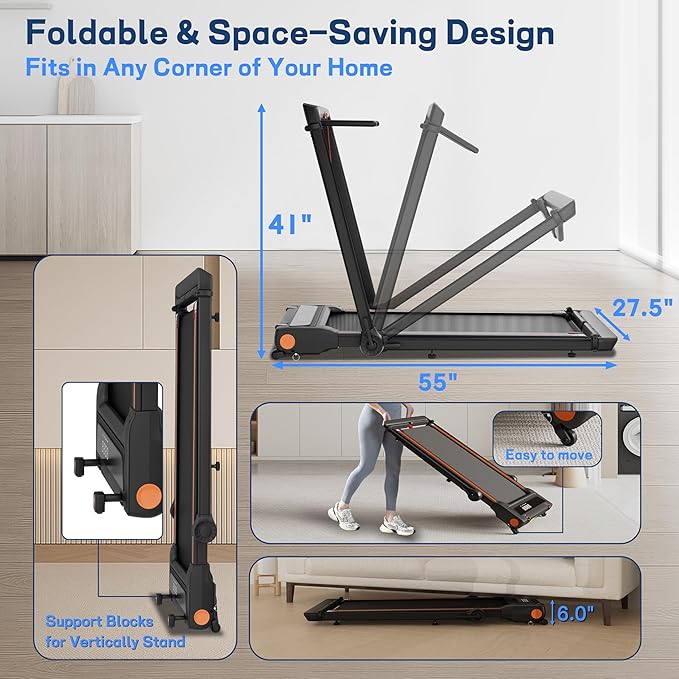 Foldable Treadmill with Incline Treadmill with Home Removable Desk Workstation 3 in 1 Folding Small Compact Walking Treadmills 300 Lbs Capacity for Home Office