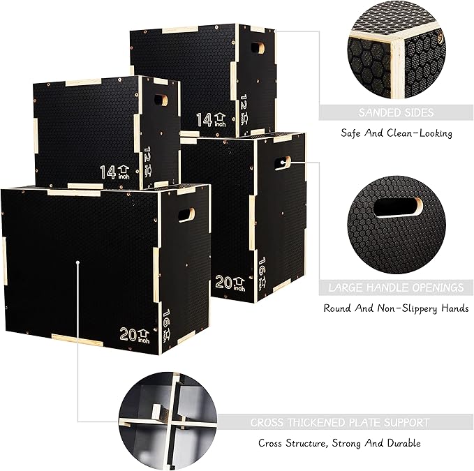Fitvids 3 in 1 Non-Slip Wooden Plyo Box Plyometric Box Jumping Exercise, Multiple Sizes