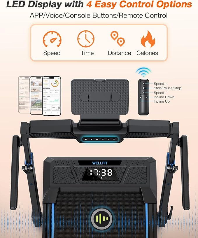 WELLFIT Treadmill with Auto Incline, 4 in 1 Foldable Treadmills for Home with Adjustable Height, 3.5HP Quiet Under Desk Treadmill, 350 LBS Capacity Portable Walking Pad with App, Space-Saving Design