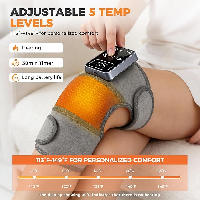 YAZHI Cordless Knee Massager for Pain Relief – Electric Heated Knee Brace, 5 Heat Levels & 3 Massage Modes, Gifts for Men and Women 1pack