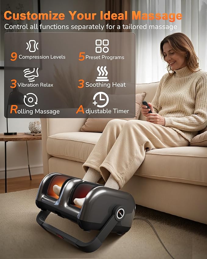 Shiatsu Foot Massager Machine with Heat : Deep Kneading Calf Massager with Vibration for Plantar Fasciitis, Neuropathy, Pain Relief, Circulation for Home and Office Use