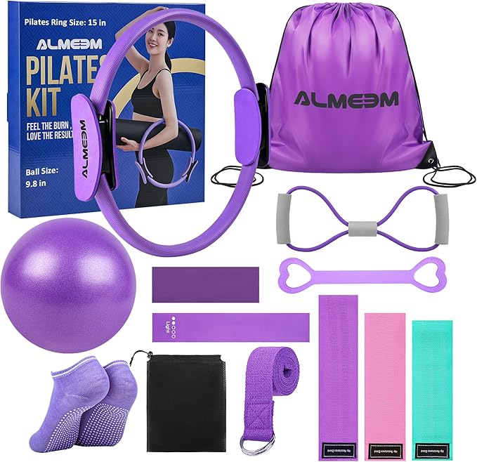 Pilates Ring Kit for Women and Men - 15 inch Magic Circle Exercise Ring and Ball Set for Home Workout Equipment - Dual Padded Handles Ring and Resistance Bands Set for All Fitness Lovers