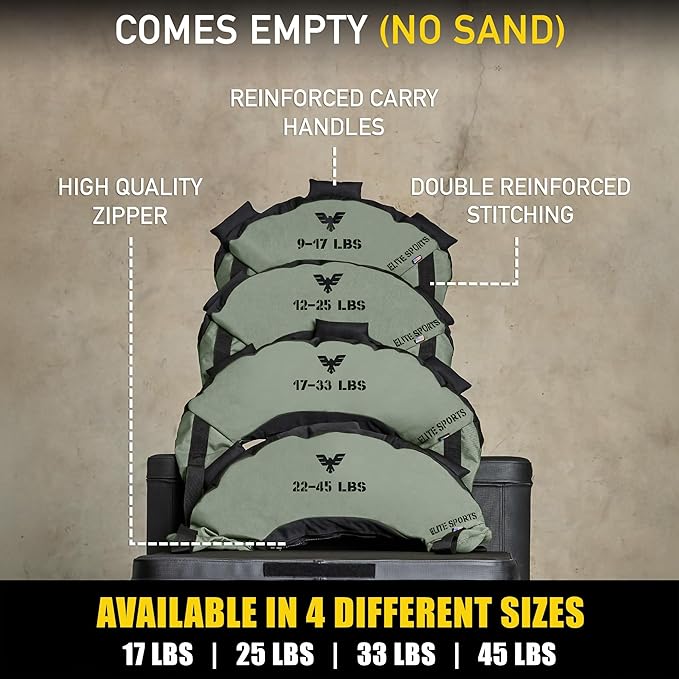 Elite Sports Bulgarian Canvas Bag, Fitness Canvas MMA Gym Cross Workout Training Sandbag 17, 25, 33, 45 lbs (UNFILLED)