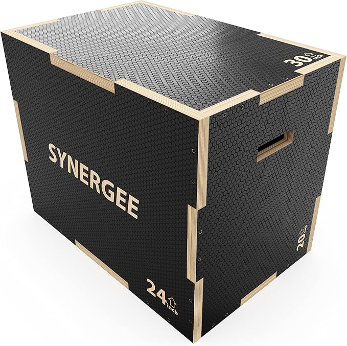 Synergee 3 in 1 Non-Slip Plyometric Box for Jump Training and Conditioning. Wooden Plyo and Soft Plyo Box All In One Jump Trainer. Sizes 20/18/16, 16/14/12