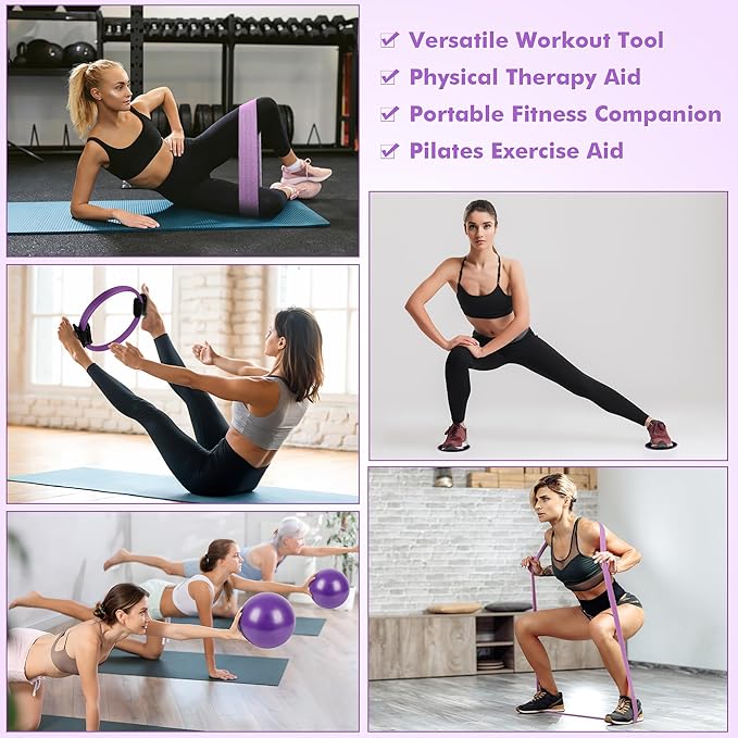 Pilates Ring Set Exercise Equipment, with Exercise Resistance Bands Set, Pilates Ball, Sliding Disks. Portable Home Gym - with Fitness Guide Poster