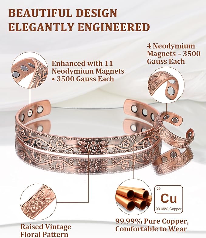 BioMag Magnetic Copper Bracelet & Lymphatic Drainage Ring for Women, 99.99% Pure Copper Magnetic Cuff Bangle with 11 Pcs 3500 Gauss Magnets, Adjustable Size, Floral Vine Pattern