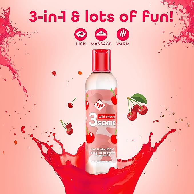 ID Lubricants 3some Flavored Sensual Massage - Wild Cherry Oral Delight & Warming Fun for Couples Pleasure - 4 fl oz Sensual 3in1 Massage Lube