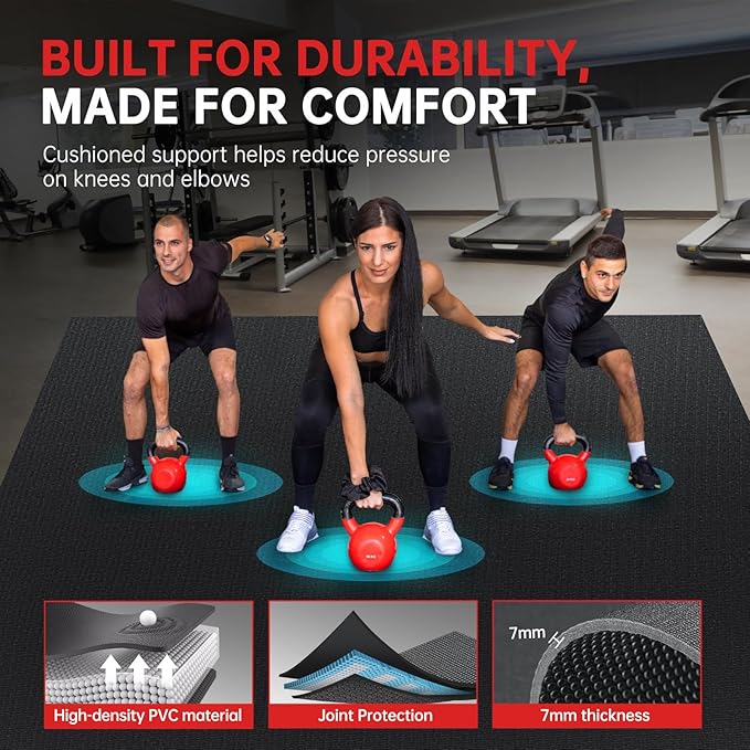 Large Exercise Mat for Home Workout,12‘x6’/10'x6'/9'x6'/8'x6'/7'x5'/6'x4' (7mm) Extra Thick Workout Mat, High-Density Gym Mat for Cardio, Jump Rope, MMA, Weights (Shoe-Friendly)